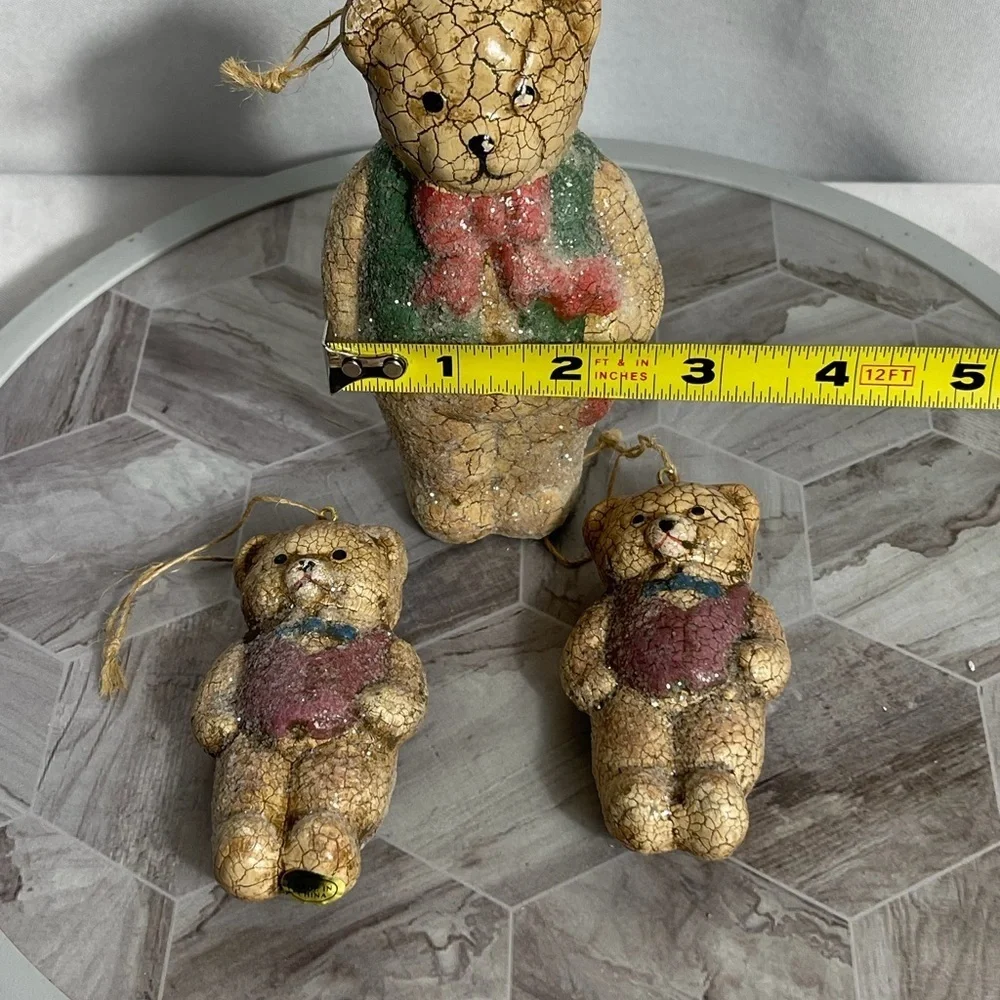 Vintage Crackle Teddy Bear Figurines Set of 3 Rustic Christmas Decor
